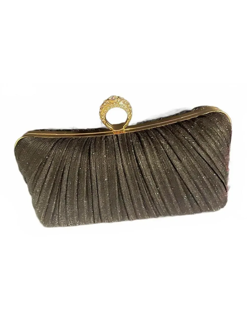 Elegant Black Evening Clutch with Gold Accents and Rhinestone Ring/Gold Chain